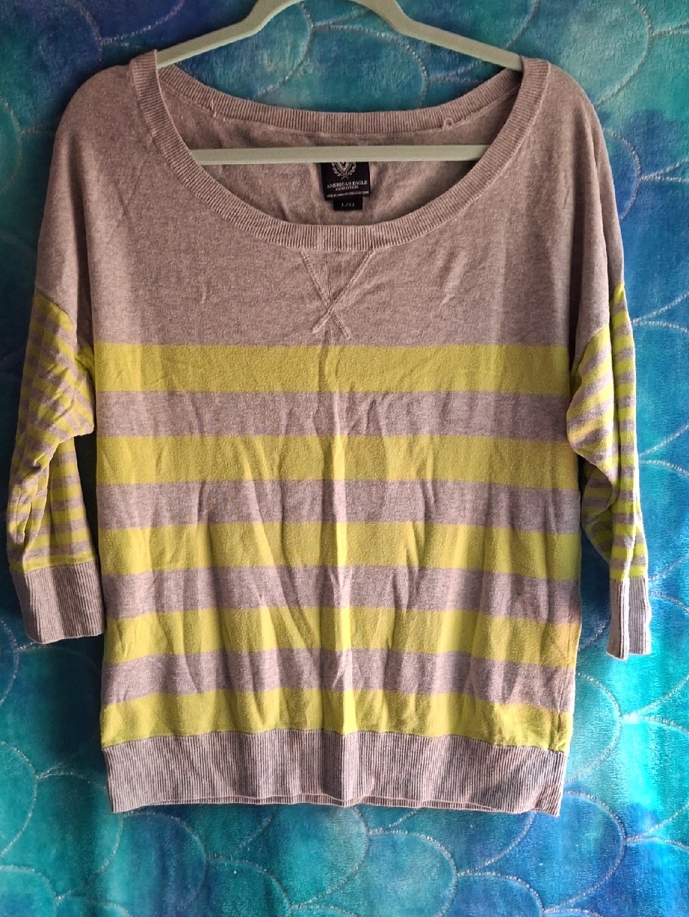 American Eagle Outfitters Gray and Yellow Striped Scoop Neck Sweater